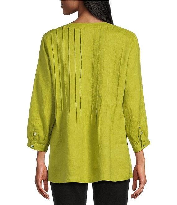 John Mark Linen Y-Neck Roll Tab Sleeve Pintuck Tunic Product Image