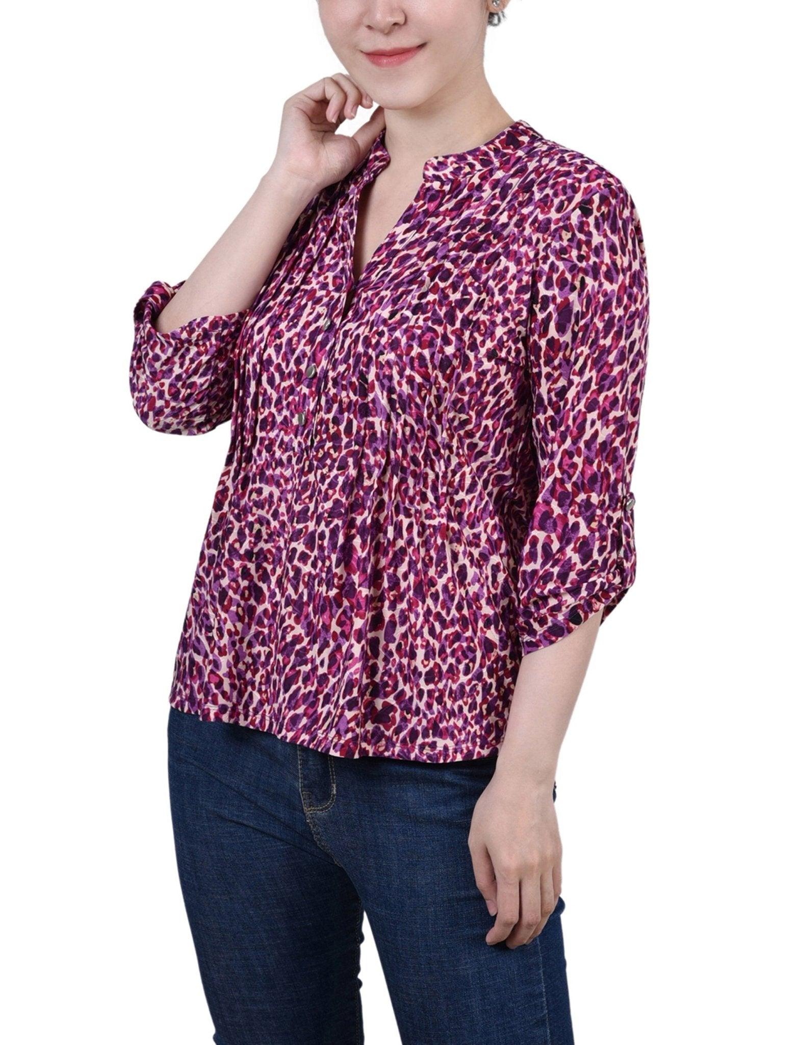 Plum Leopard 3/4 Sleeve Roll Tab Y Neck Top - Petite Product Image