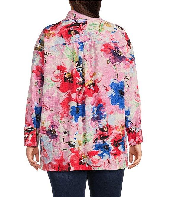 Calessa Plus Size Antique Floral Print Textured Crinkle Point Collar Long Sleeve Button Front Tunic Product Image