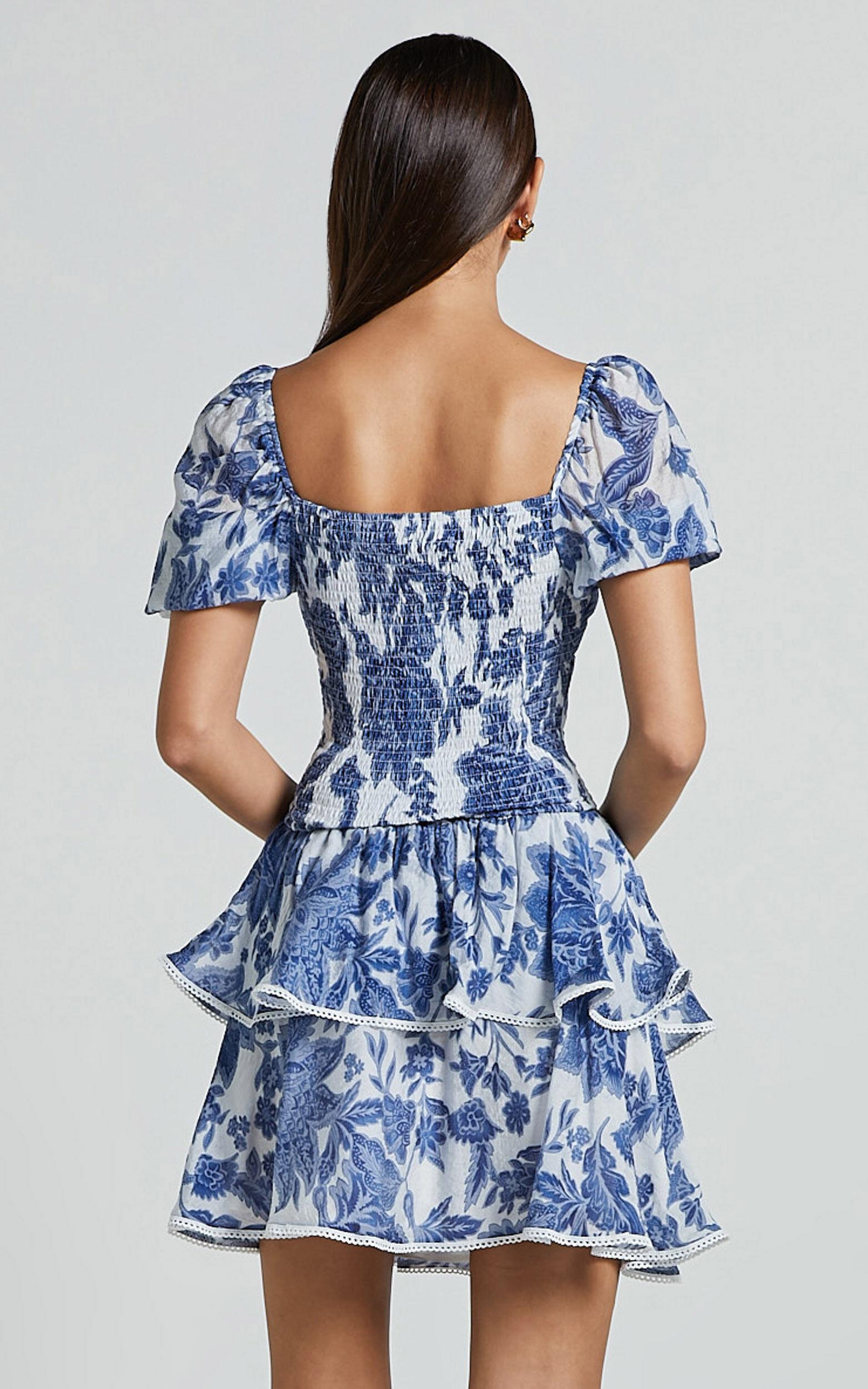 Liana Mini Skirt - High Elastic Waist Tiered Skirt in White and Blue Floral Product Image