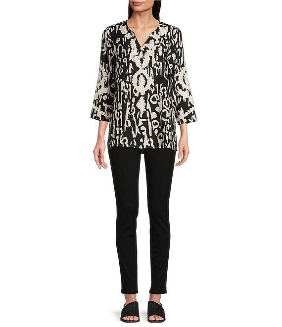 Calessa Printed Soutache Embroidered Split V-Neck 3/4 Sleeve Top Product Image