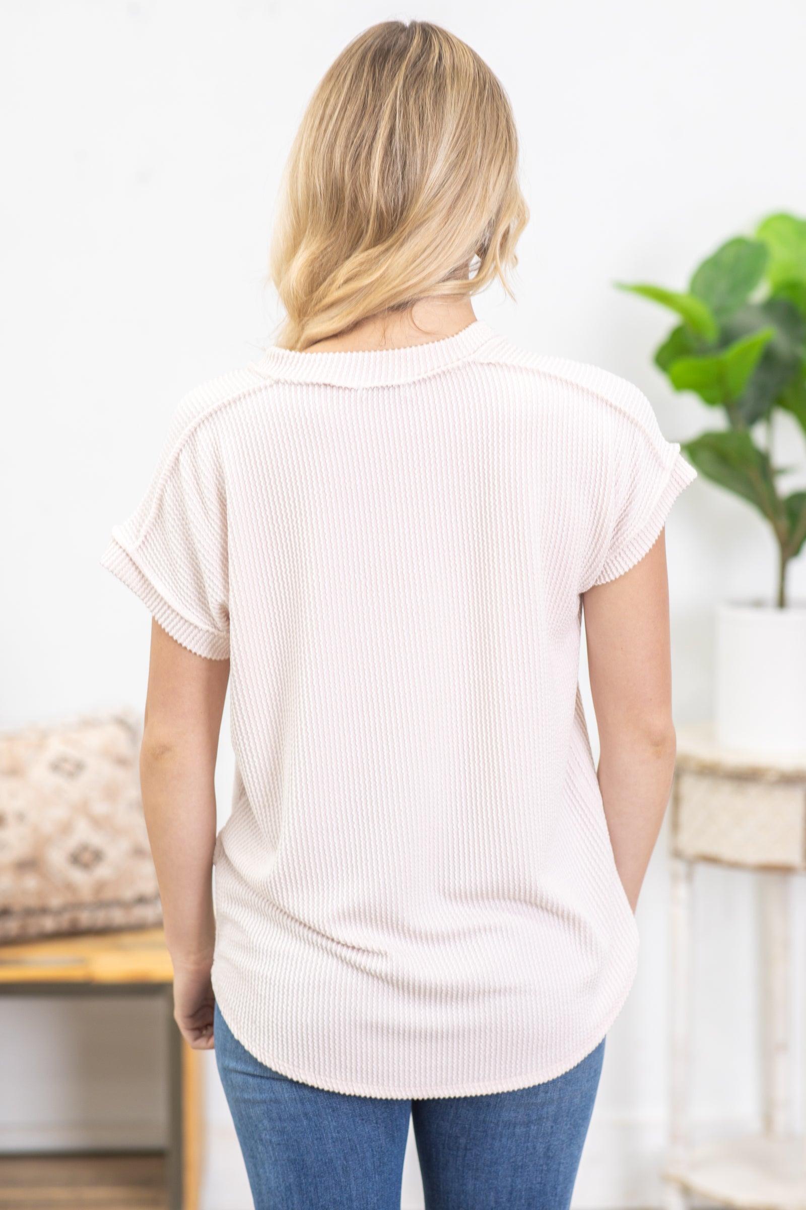 Cream Ribbed V-Neck Knit Top Product Image