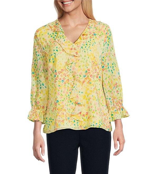 Investments Riley Woven Sunshine Clustered Buds Cascading Ruffle V-Neck 3/4 Sleeve Top Product Image