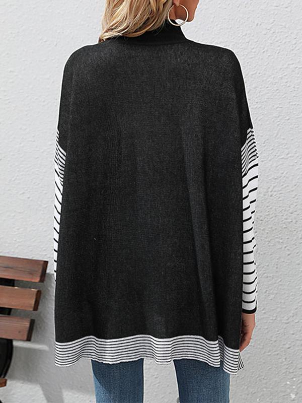 Long Sleeves Loose Contrast Color Striped Mock Neck Pullovers Sweater Tops Product Image