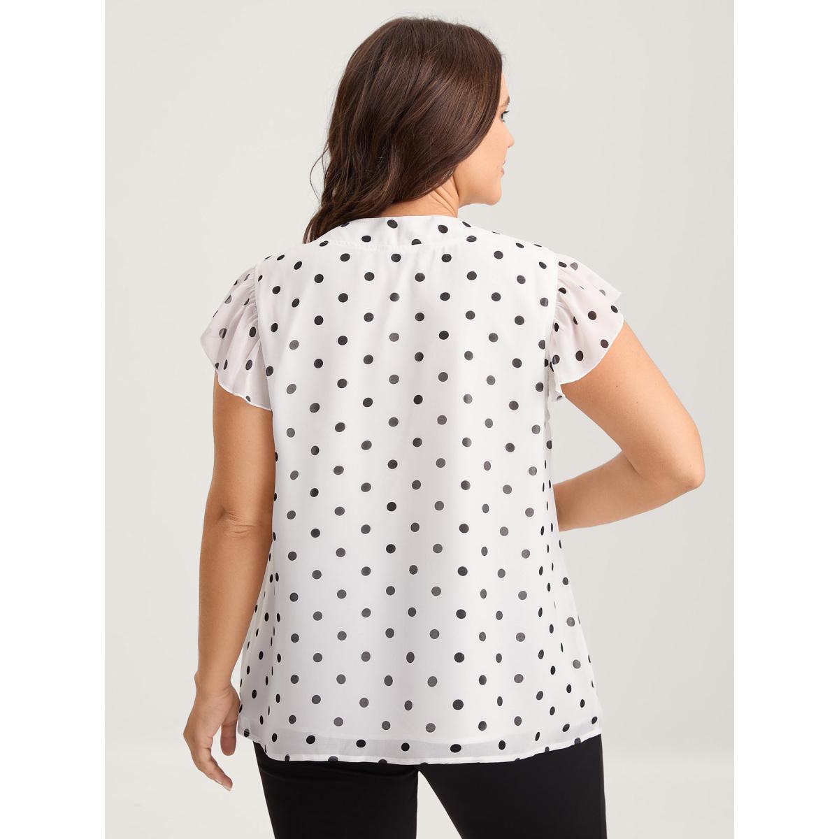 Plus Size Black Polka Dot Ribbon Collar Blouse Women Office Cap Sleeve Ribbon-tied collar Office Blouses BloomChic 18-20/2X Product Image