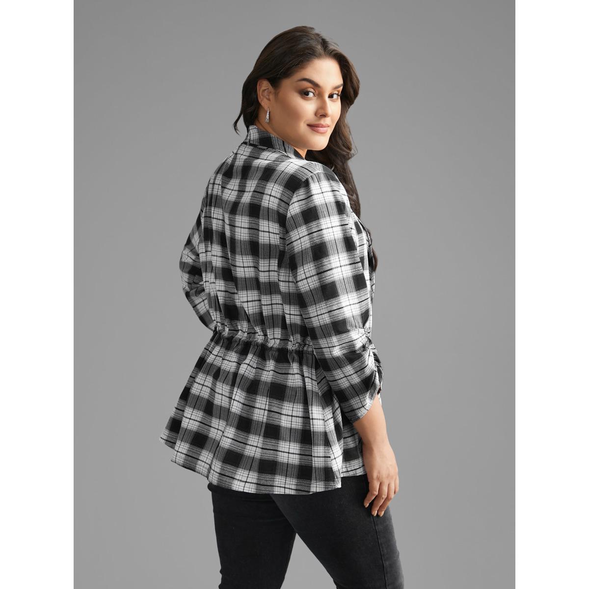 Plus Size Plaid Drawstring Patched Pocket Coat Women Black Elegant Drawstring Ladies Everyday Winter Coats BloomChic 12/L Product Image