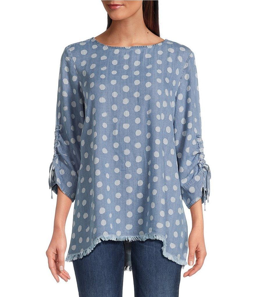 Tru Luxe Jeans Dot Printed Chambray Scoop Neck 3/4 Sleeve Lace-Up Top Product Image