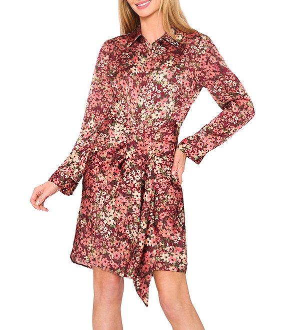 CeCe Woven Floral Print Point Collar Long Sleeve Button Down Dress Product Image