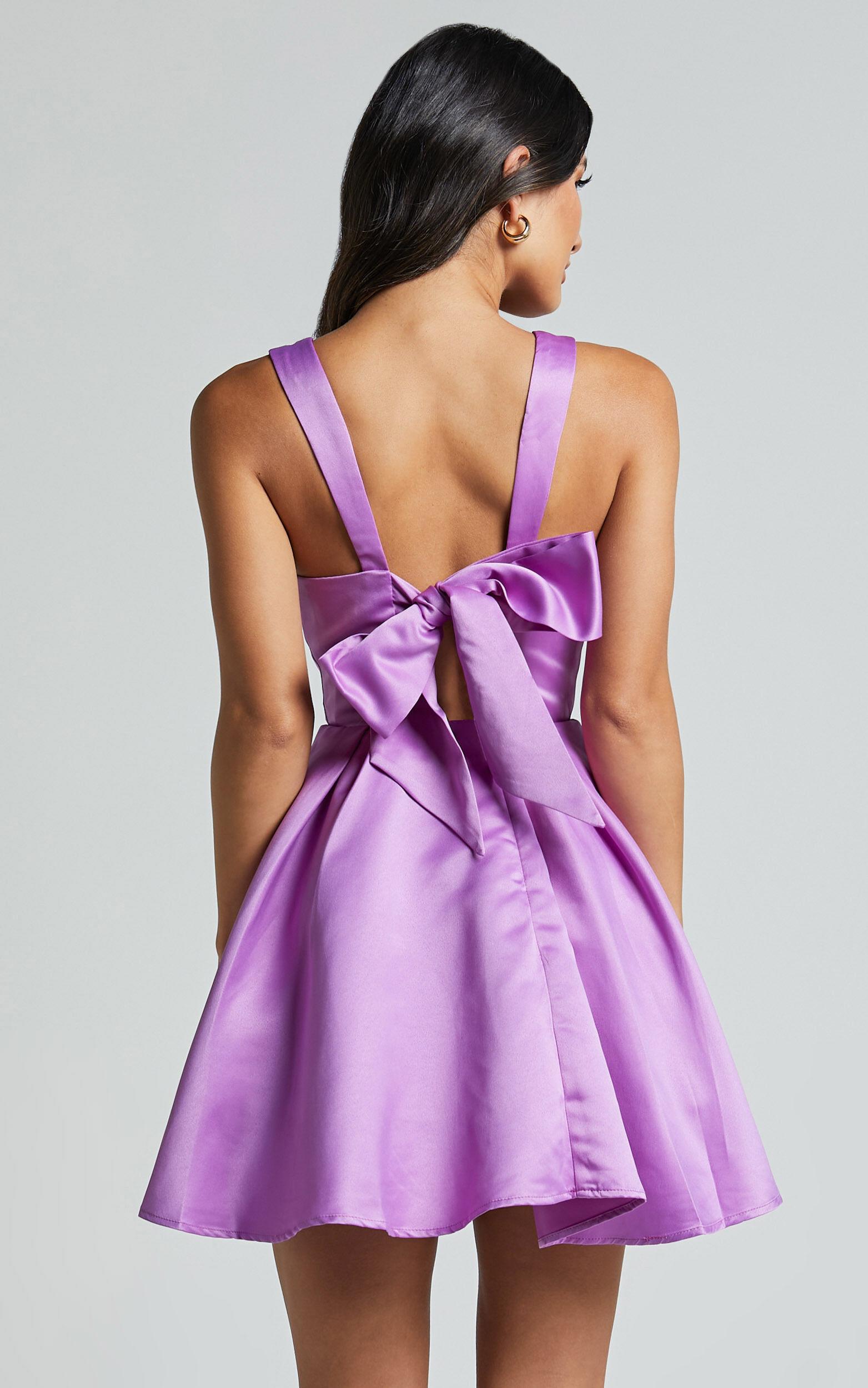 Stephanie Mini Dress - Satin Square Neck Tie Back Dress in Orchid Product Image