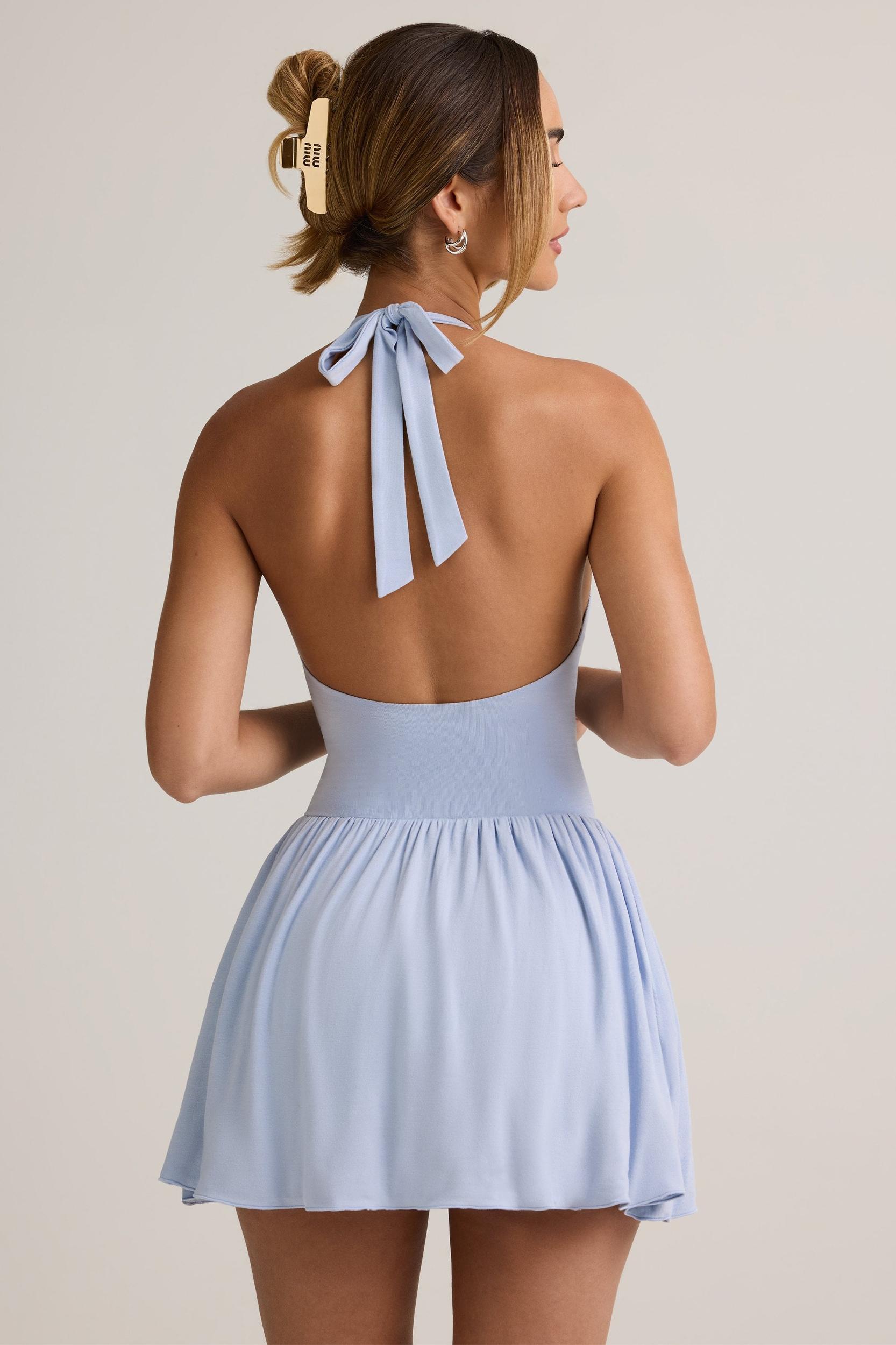 Modal Backless Halterneck Mini Dress in Light Blue Product Image