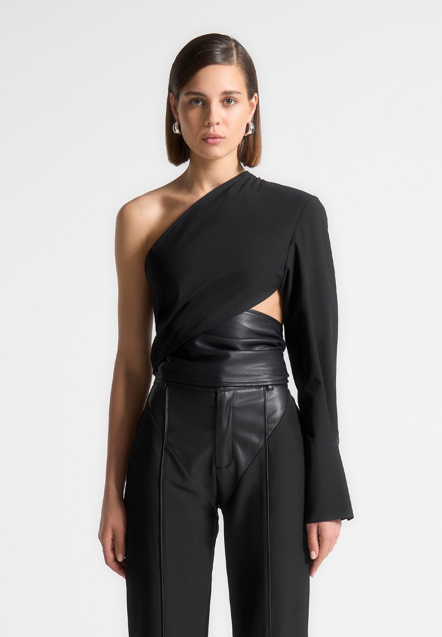 Coralie - One Sleeve Leather Wrap Top - Black Female Product Image