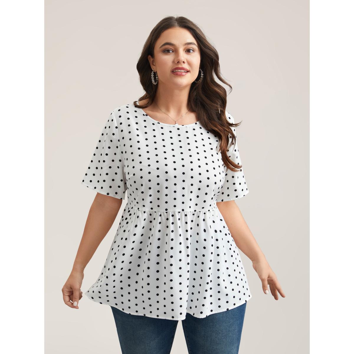 Plus Size Originalwhite Polka Dot Button-Back Flared Shirt Women Retro Short sleeve Round Neck Elegant Blouses BloomChic 30/6X Product Image
