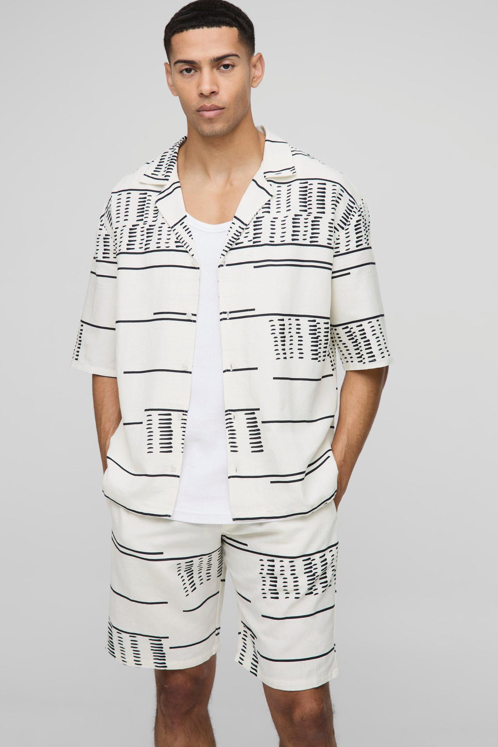 Oversized Drop Revere Printed Linen Blend Shirt & Short Set | boohooMAN USA Product Image