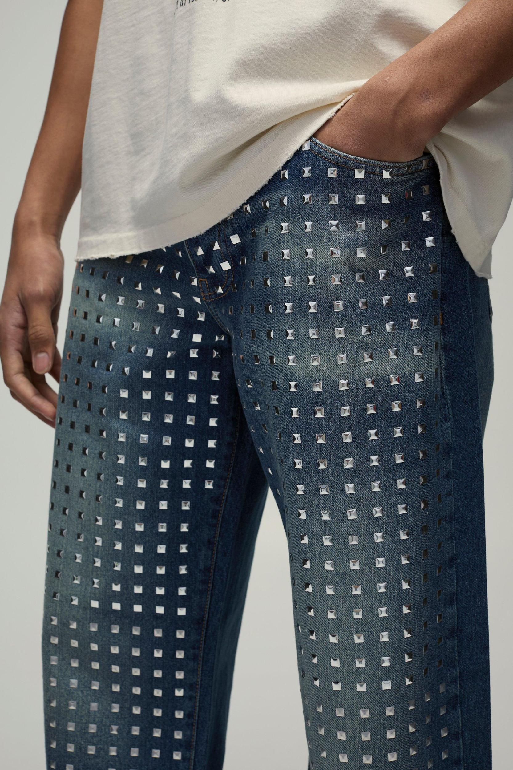 Relaxed Rigid Studded Denim Jeans | boohooMAN USA Product Image