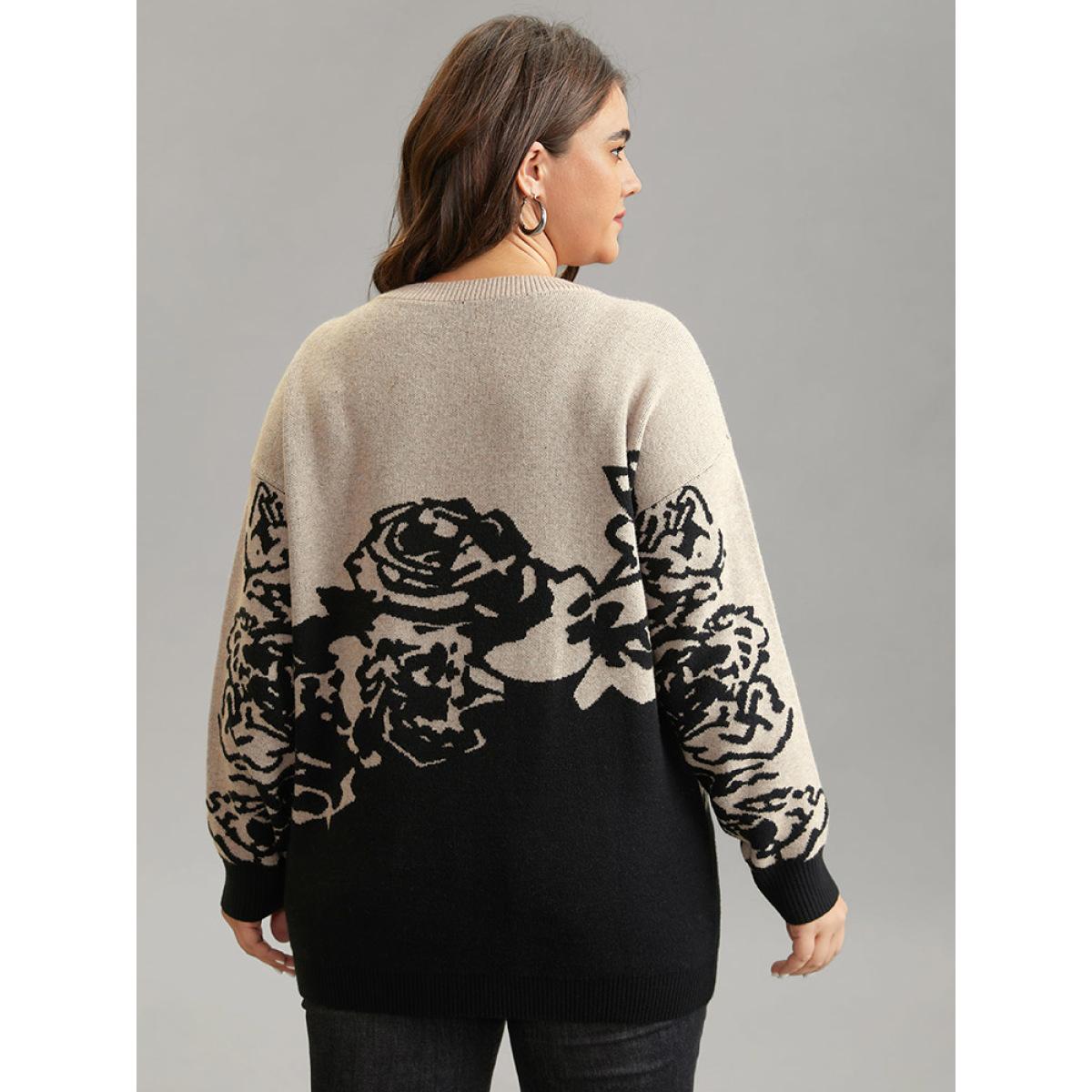 Plus Size Supersoft Essentials Rose Jacquard Contrast Pullover Black Women Casual Loose Long Sleeve Round Neck Dailywear Pullovers BloomChic 26/4X Product Image