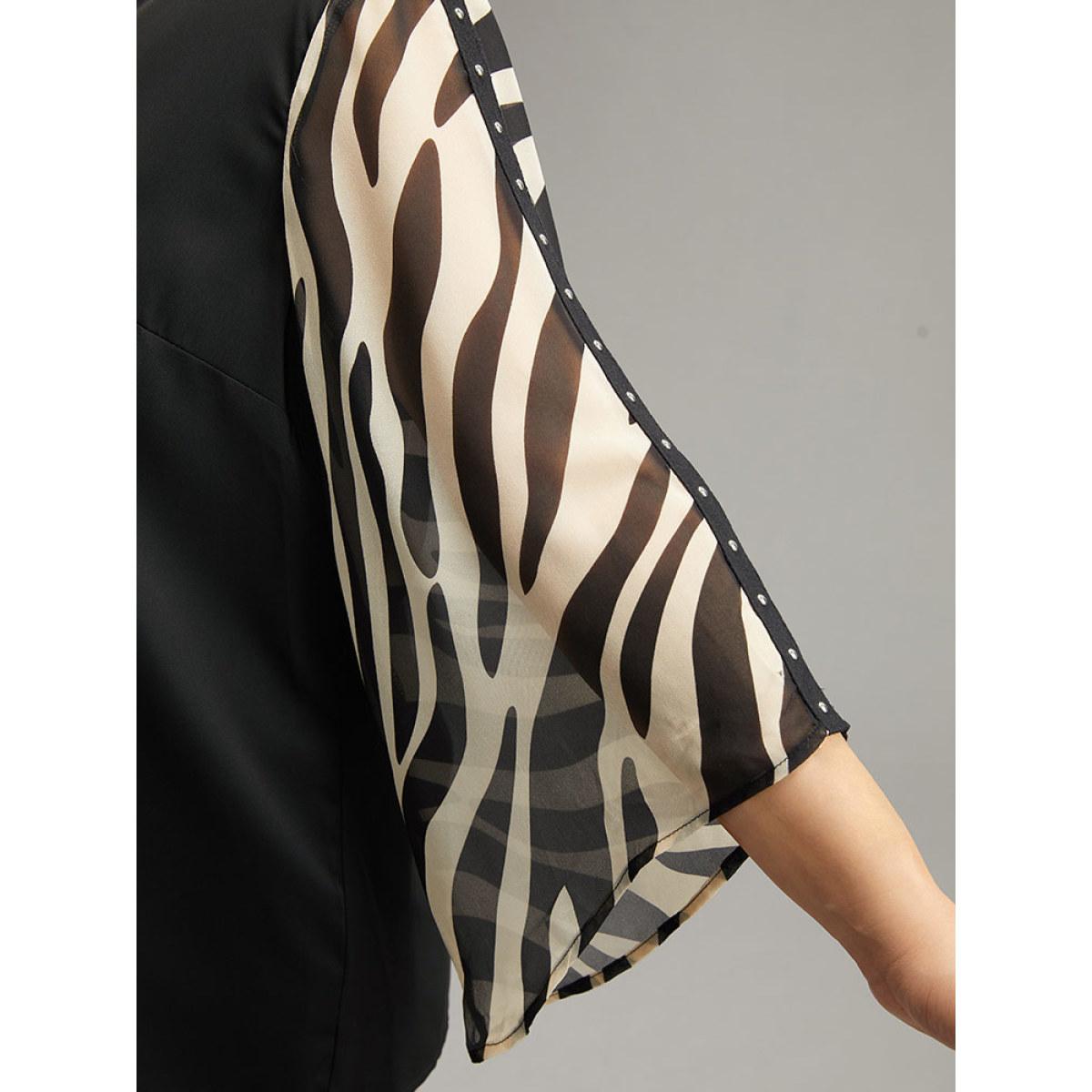 Plus Size Black Zebra Print Chiffon Patchwork Pearl Beaded Blouse Women Elegant Elbow-length sleeve V-neck Dailywear Blouses BloomChic 12/L Product Image