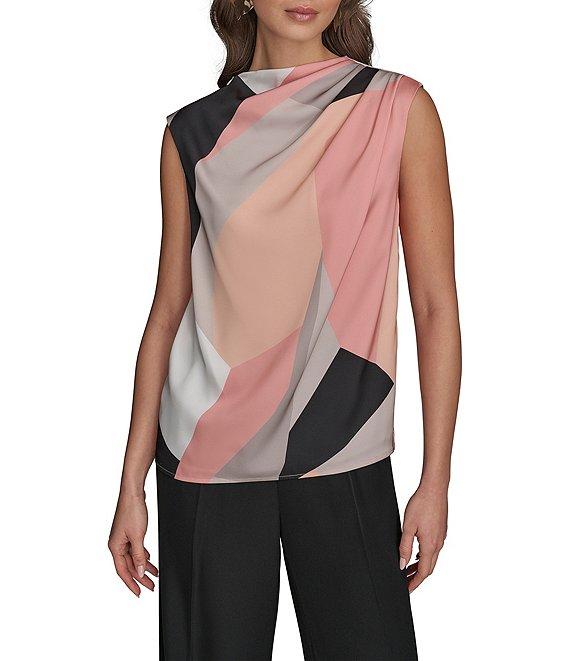 Donna Karan Charmeuse Mock Neck Sleeveless Gathered Shoulder Blouse Product Image