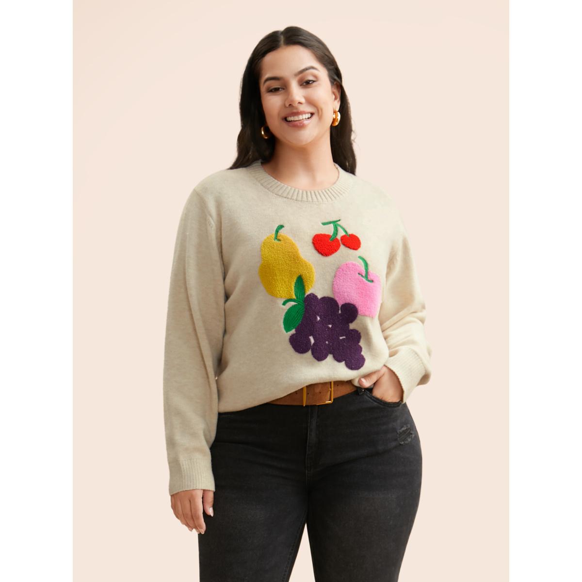 Plus Size Supersoft Essentials Crew Neck Fruit Embroidered Pullover Apricot Women Playful Long Sleeve Round Neck Casual Pullovers BloomChic 12/L Product Image