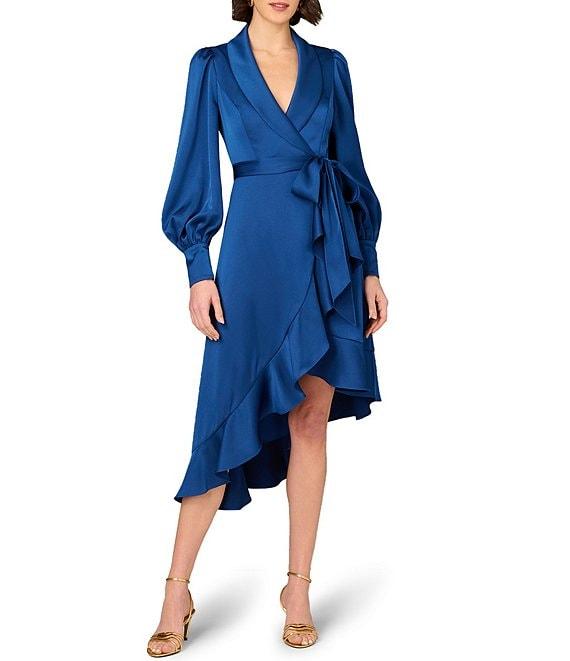 Aidan Mattox V-Neck Bishop Sleeve Asymmetrical Ruffle Hem Wrap Dress Product Image