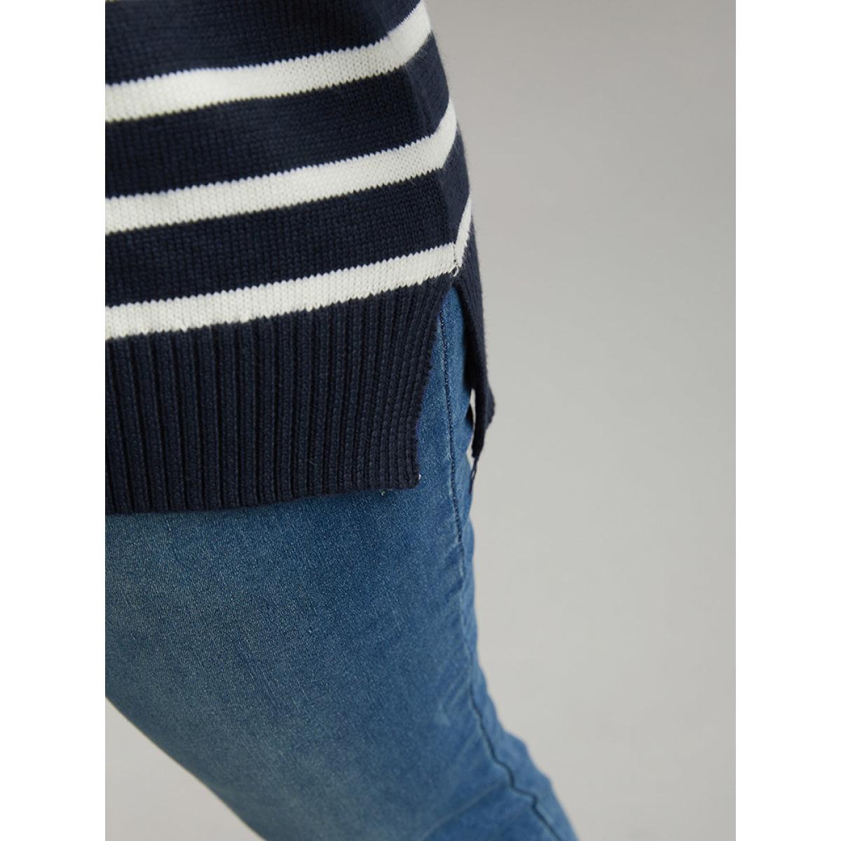 Plus Size Polo Striped Print Split Side Pullover Midnight Women Casual Loose Long Sleeve Polo Dailywear Pullovers BloomChic 12/L Product Image