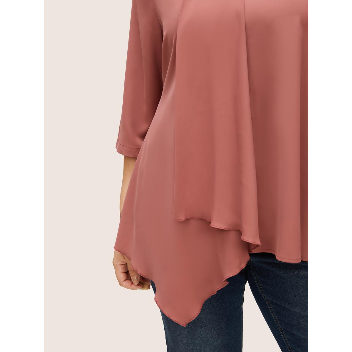 Plus Size DustyPink Static-Free Plain Asymmetrical Hem Patchwork Blouse Women Work From Home Elbow-length sleeve V-neck Work Blouses BloomChic 22-24/3X Product Image