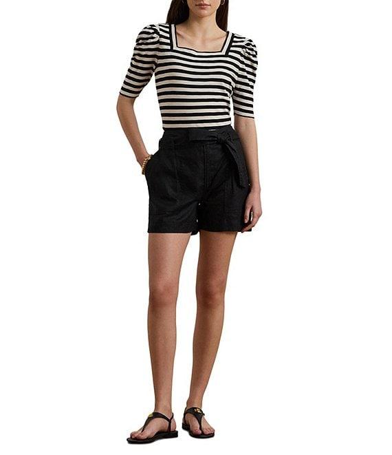 Lauren Ralph Lauren Cotton Jersey Striped Square Neck Puff Sleeve Tee Product Image