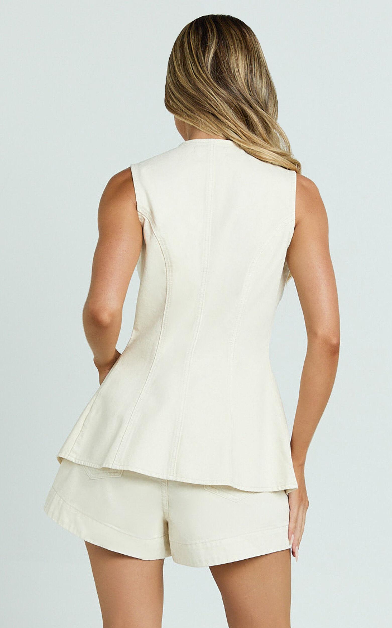 Rhianna Top - Button Down Longline Recycled Denim Vest Top in Ecru Product Image