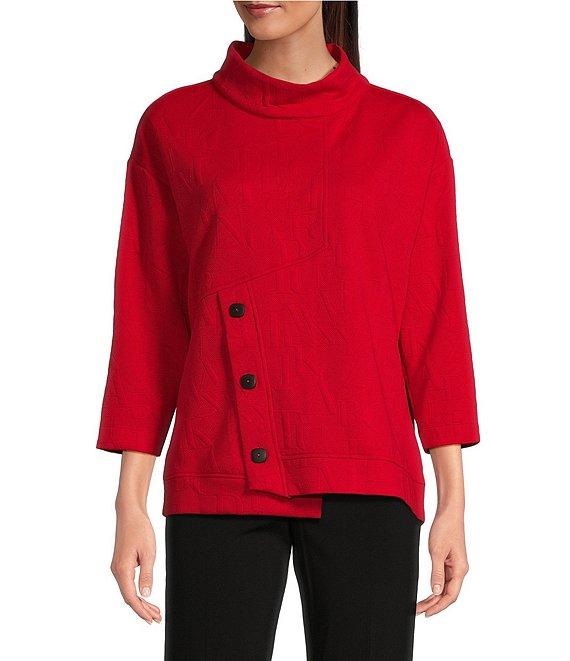 Ali Miles Knit Jacquard Button Detail Mock Neck 3/4 Sleeve Tunic Product Image