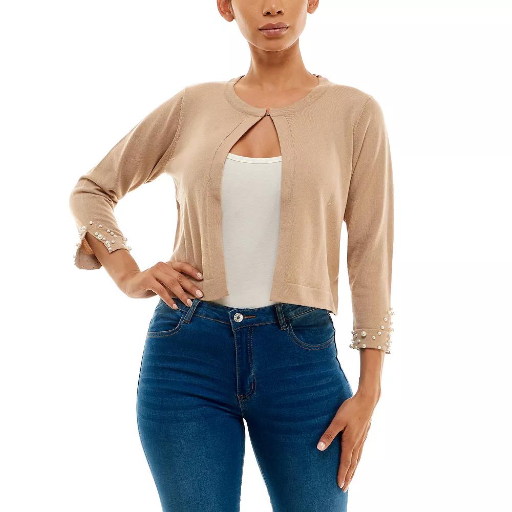 Women's Nina Leonard Simulated-Pearl Trim Bolero, Size: Medium Product Image