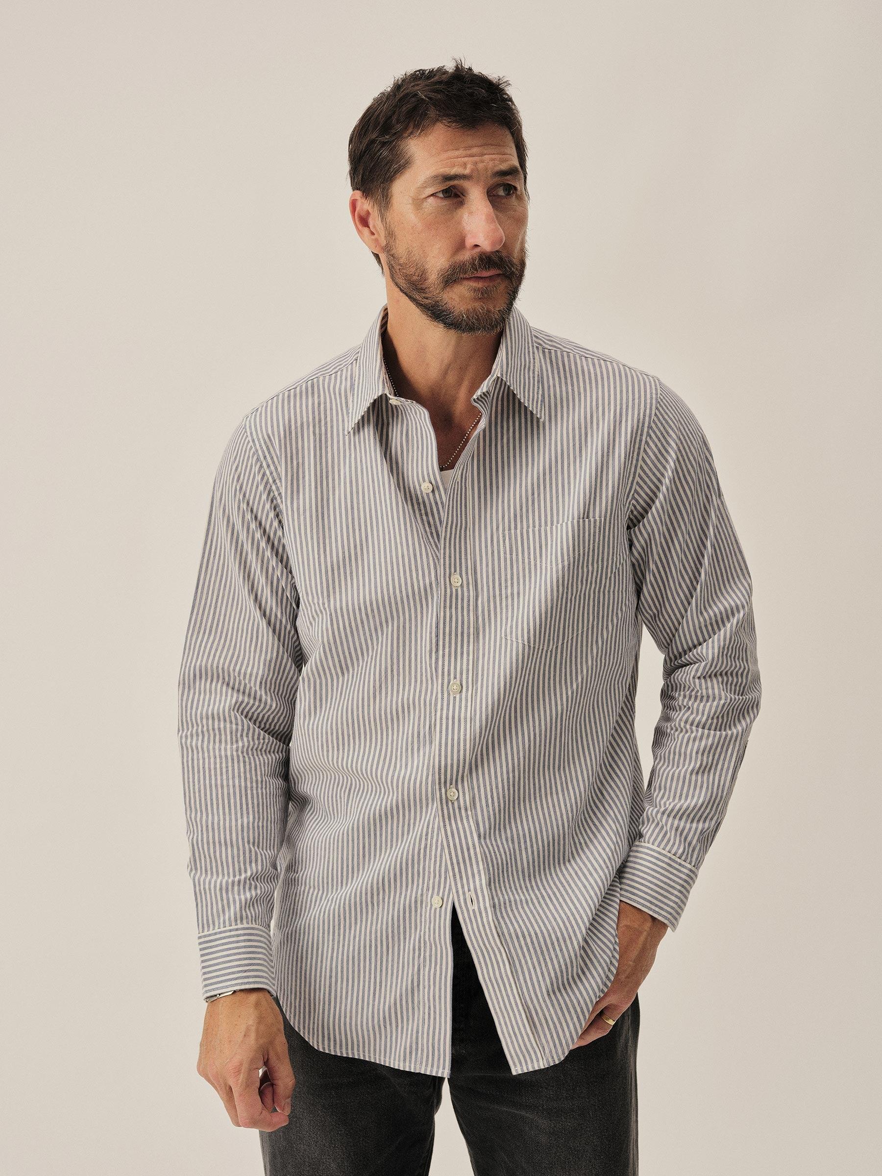 White / Blue Coronado Stripe Wornwell One Pocket Shirt Product Image