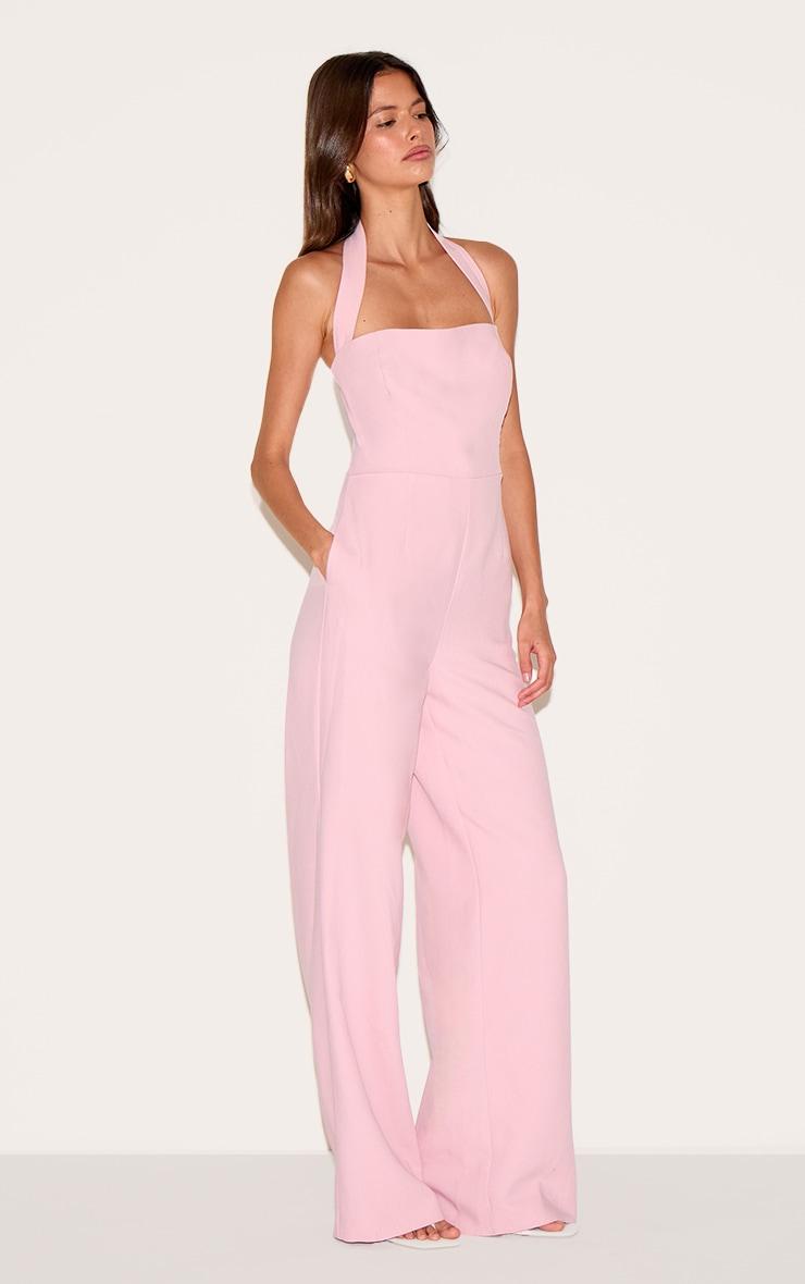 Dusty Pink Premium Woven Halterneck Straight Leg Jumpsuit Product Image
