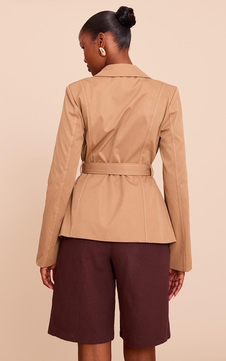 Beige Tie Waist Contrast Stitch Blazer Product Image