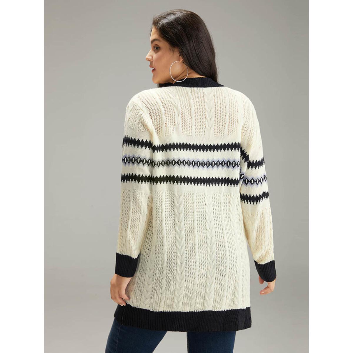 Plus Size Cable Knit Striped Geo Button Fly Cardigan Beige Women Casual Loose Long Sleeve Dailywear Cardigans BloomChic 10/M Product Image