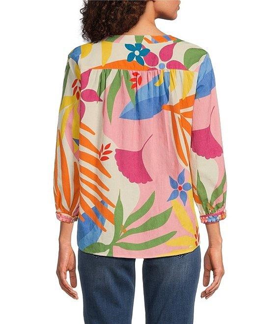 Tru Luxe Jeans Floral Textured Cotton Split V-Neck 3/4 Sleeve Blouse Product Image
