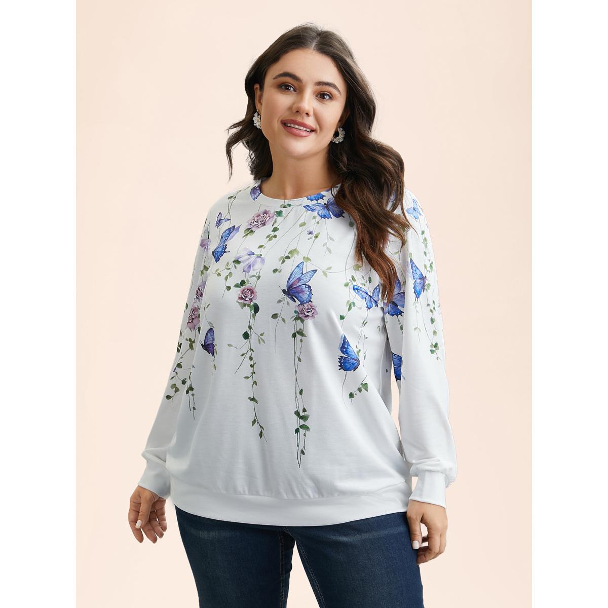 Plus Size Butterfly Print Stretchy Round Neck Sweatshirt Women WhiteSmoke Elegant Non Round Neck Everyday Sweatshirts BloomChic 10/M Product Image