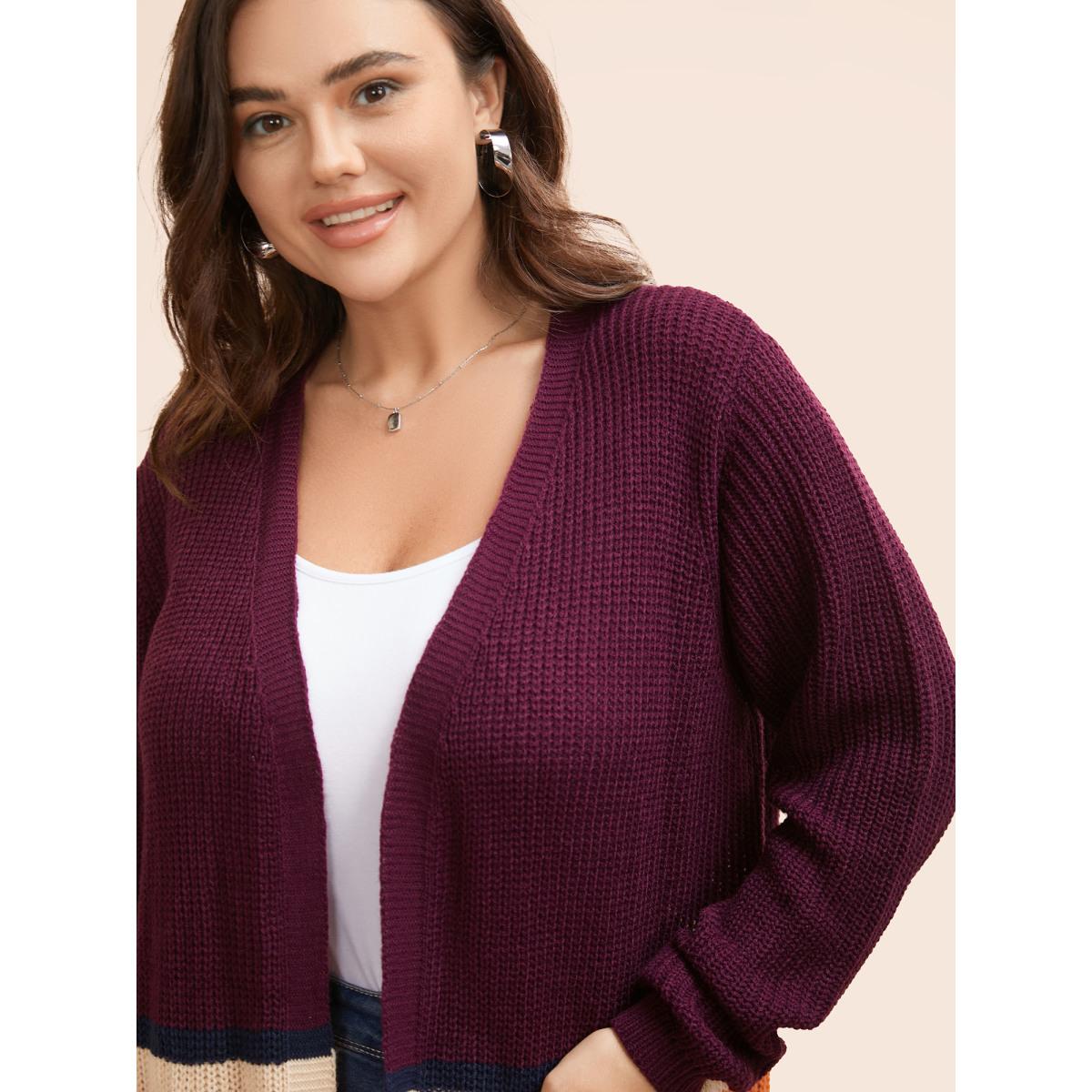 Plus Size Colorblock Contrast Patched Pocket Open Front Cardigan Plum Women Casual Loose Long Sleeve Everyday Cardigans BloomChic 28/5X Product Image