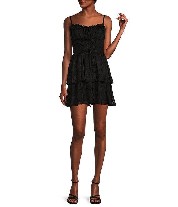 B. Darlin Spaghetti Strap Lace Up Jacquard Yoryu Lurex Dress Product Image