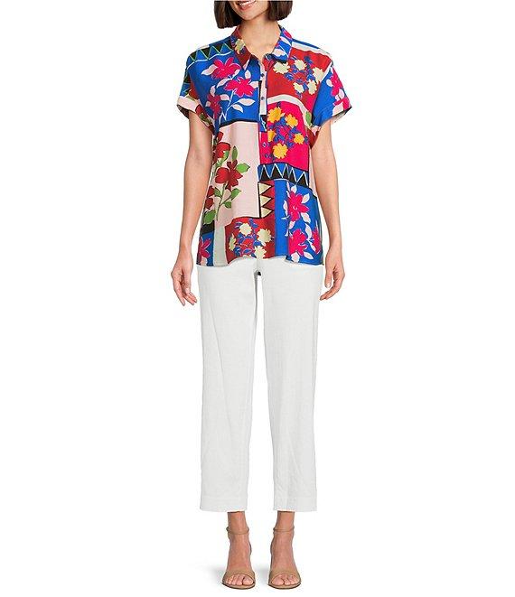 Investments Petite Size Woven Stamp Patch Short Sleeve Point Collar Partial Button Front Top Product Image