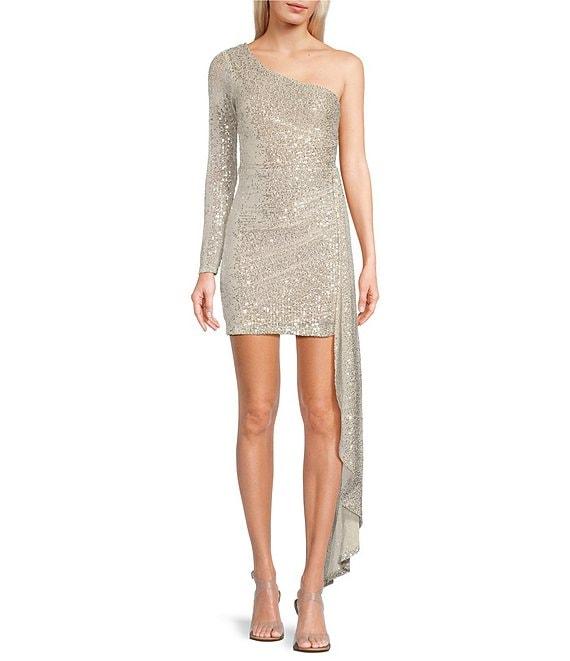 Xtraordinary One Shoulder Sequin Wrap Drape Mini Dress Product Image
