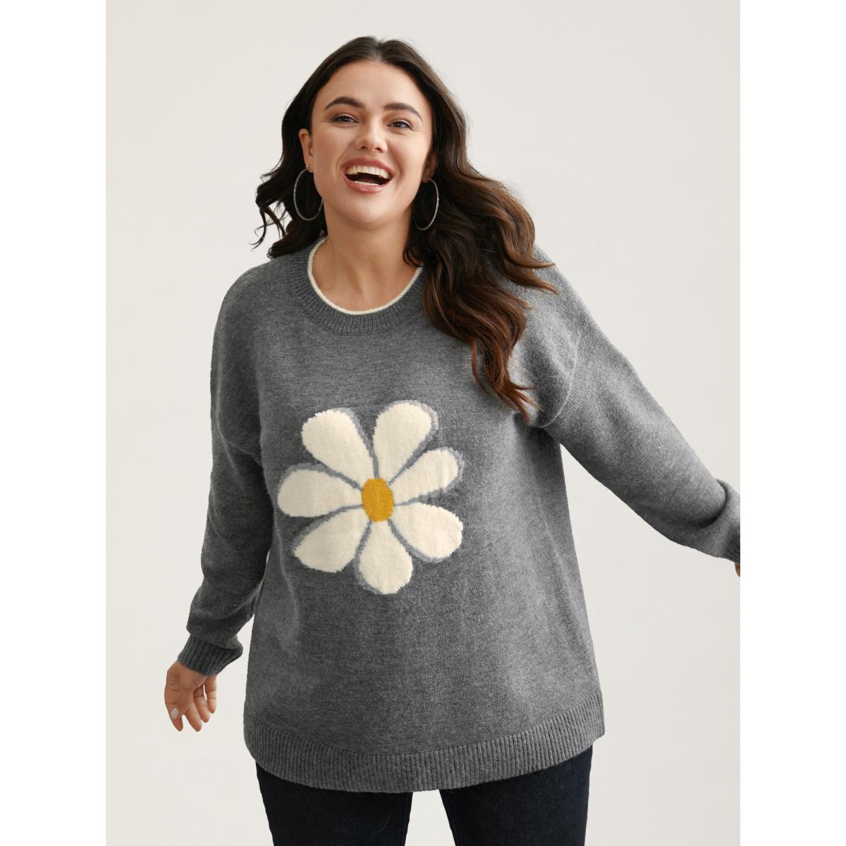 Plus Size Floral Textured Crew Neck Pullover DarkGray Women Playful Loose Long Sleeve Round Neck Casual Pullovers BloomChic 22-24/3X Product Image