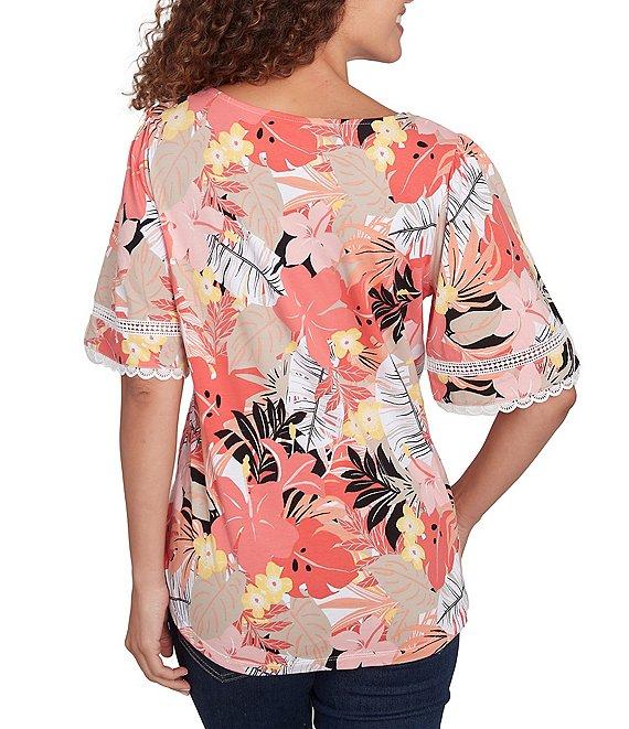 Ruby Rd. Petite Size Knit Tropical Paradise Print Crew Neck Short Sleeve Top Product Image