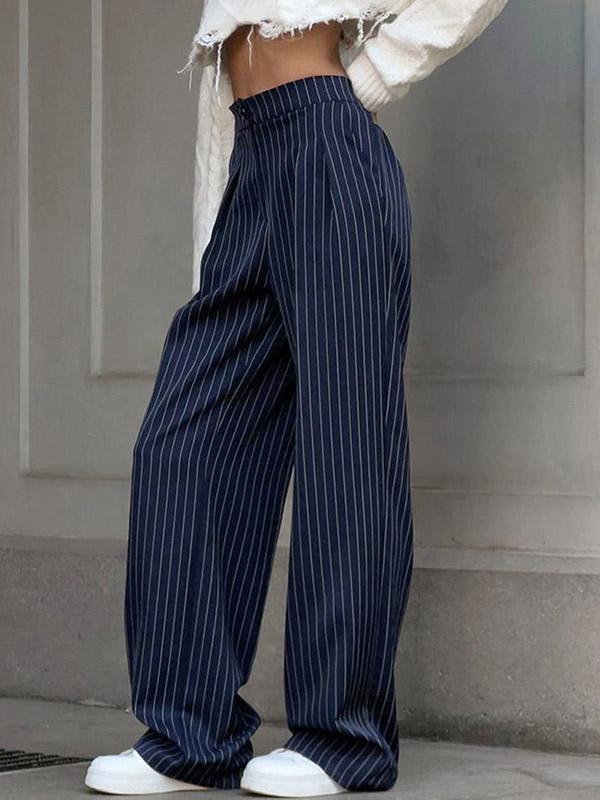 High Waisted Wide Pants Buttoned Striped Pants Trousers Product Image