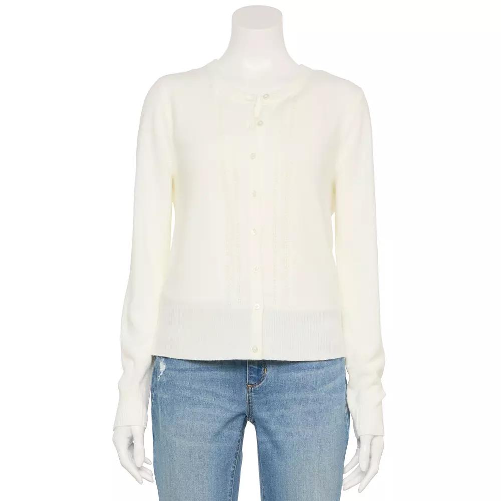 Women's Croft & Barrow® Extra Soft Classic Pointelle Cardigan, Size: XL, Bright White Product Image