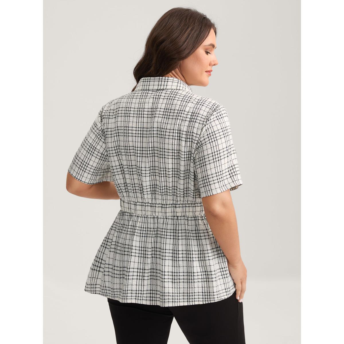 Plus Size Ivory Cotton Plaid Sculpted Button Placket Blouse Women Short sleeve Shirt collar Work Blouses BloomChic 30/6X Product Image