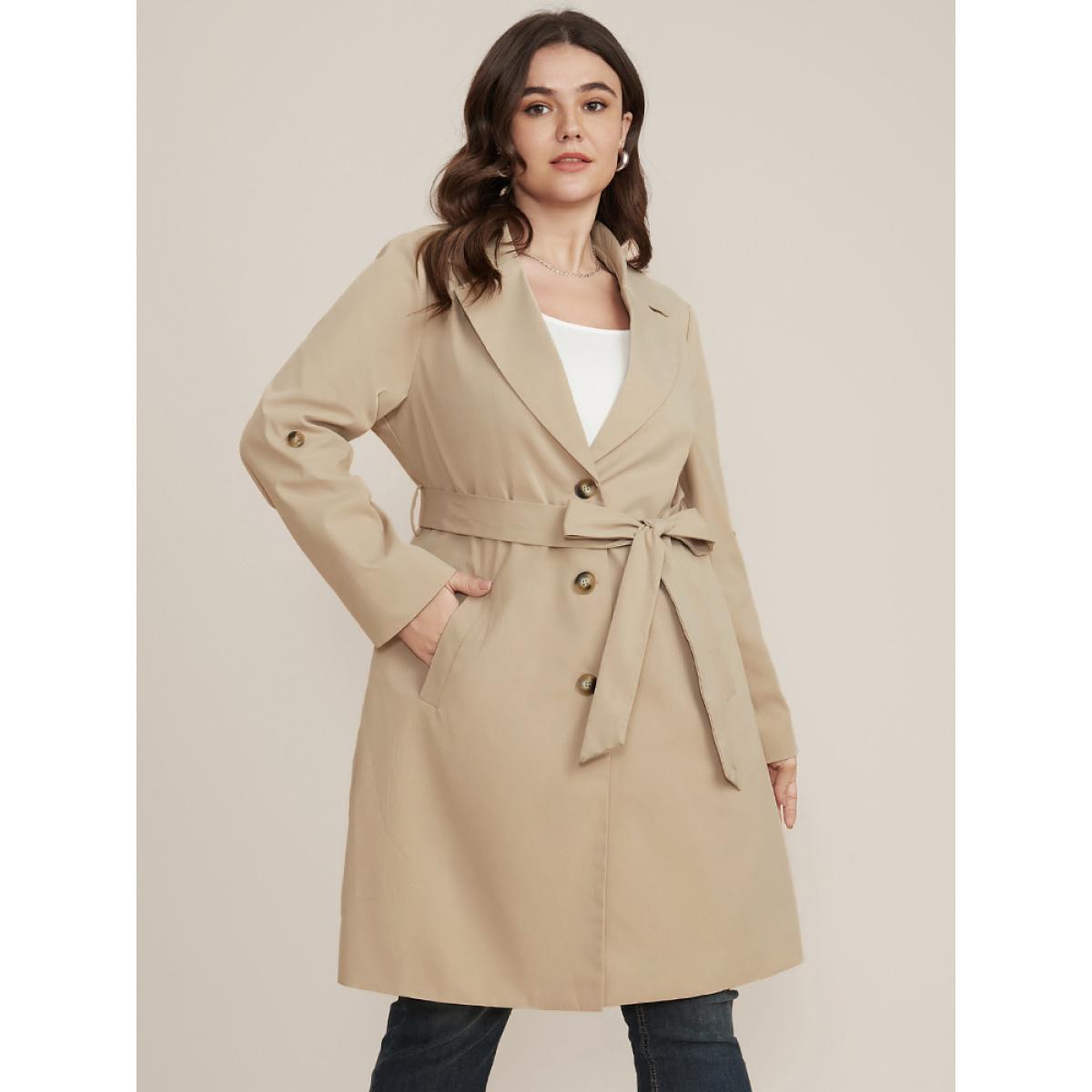 Plus Size Solid Pocket Roll Sleeve Button Up Belted Coat Women Apricot Office Cross straps Ladies Dailywear Winter Coats BloomChic 18-20/2X Product Image