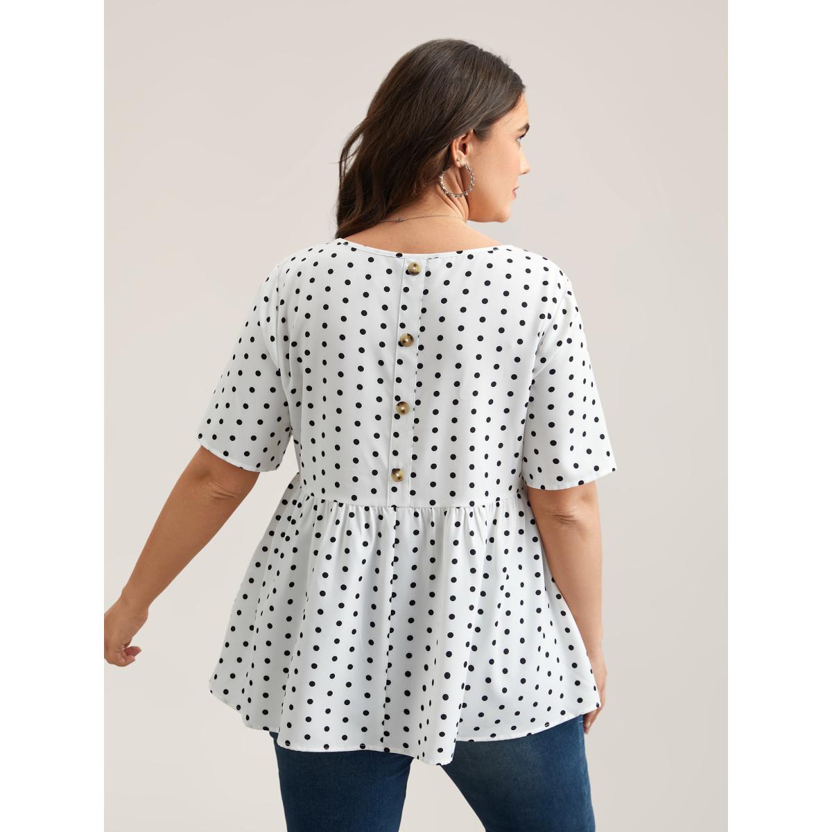 Plus Size Originalwhite Polka Dot Button-Back Flared Shirt Women Retro Short sleeve Round Neck Elegant Blouses BloomChic 30/6X Product Image
