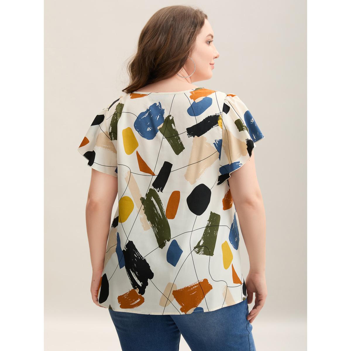 Plus Size Multicolor Brush Abstract Print Flounce Sleeve Blouse Women Short sleeve V-neck Everyday-Elegant Blouses BloomChic 22-24/3X Product Image