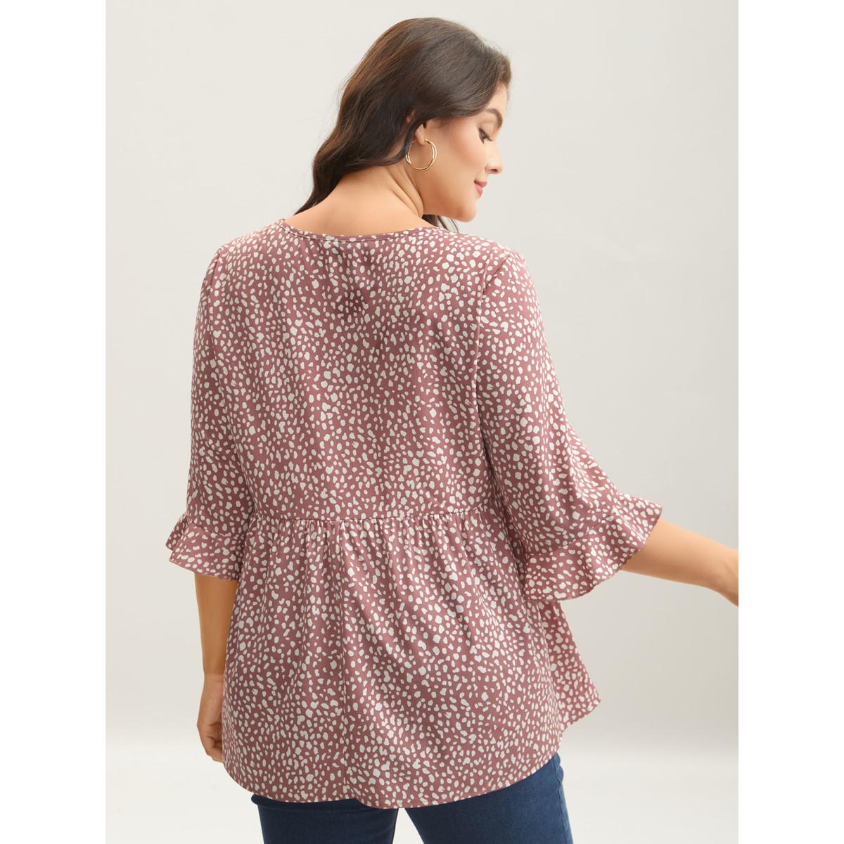 Plus Size DustyPink Leopard Print Ruffled Detail V-Neck Blouse Women Casual Elbow-length sleeve V-neck Everyday Blouses BloomChic 22-24/3X Product Image