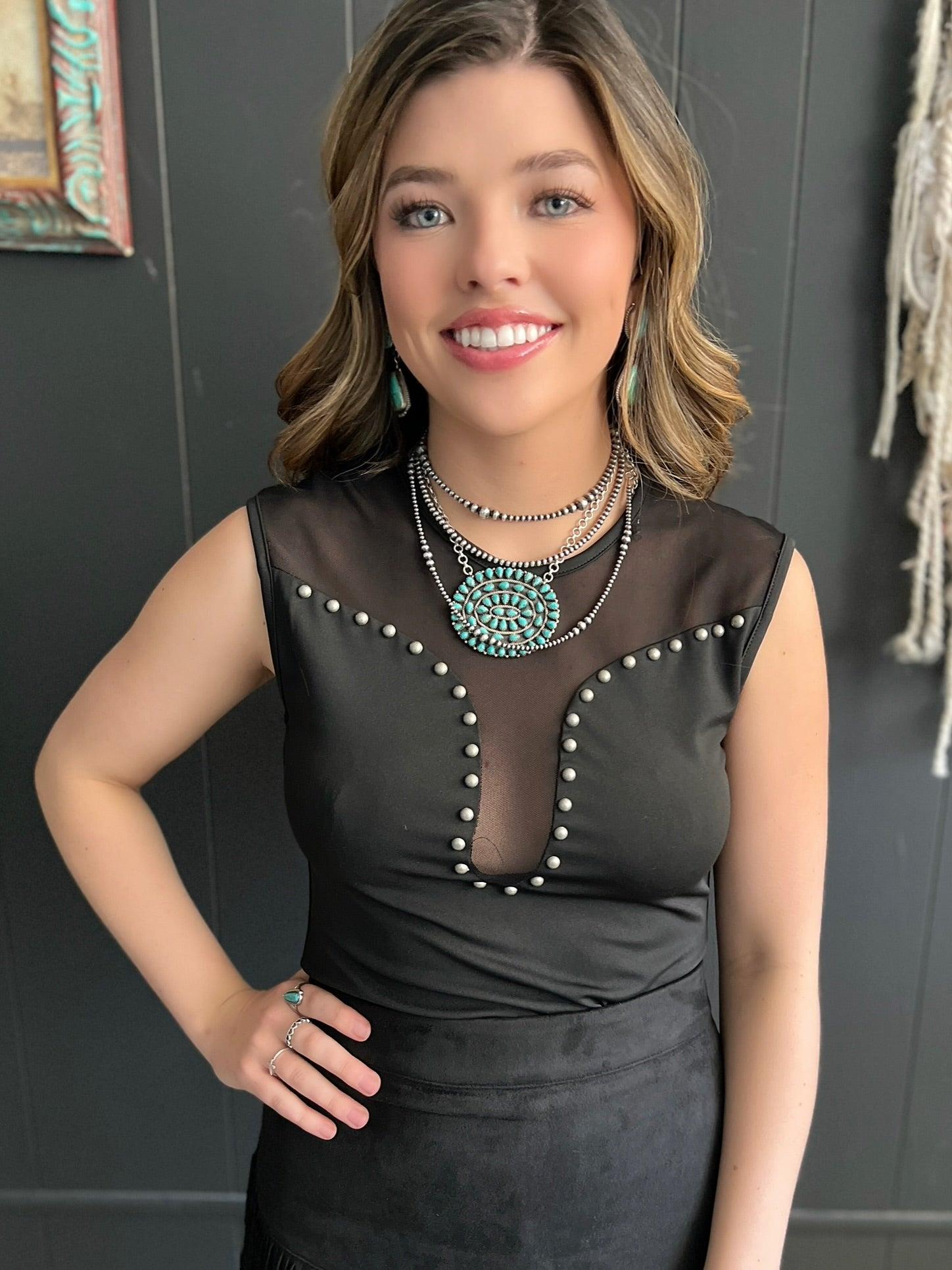 Black Studded Bodysuit with Mesh Front Product Image