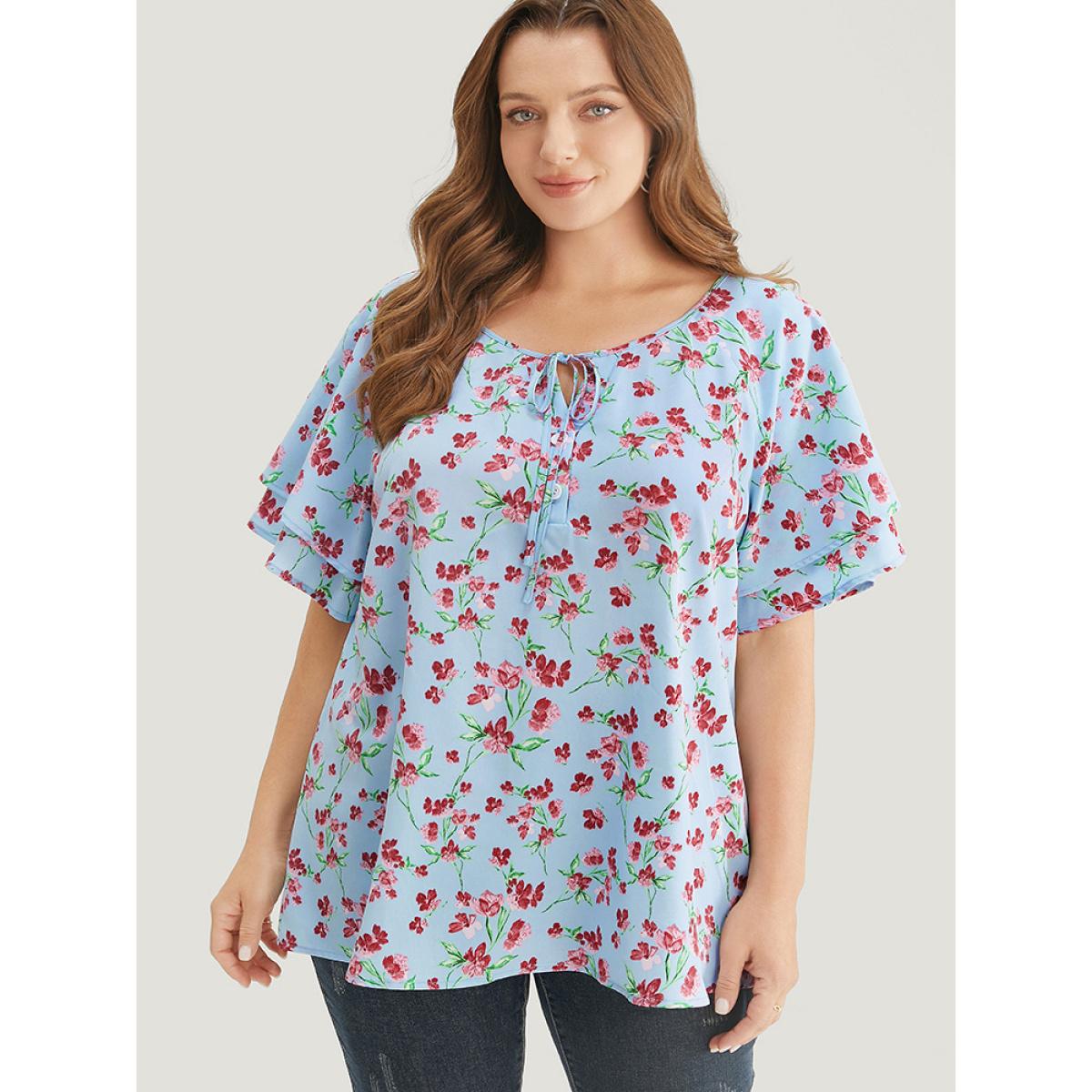 Plus Size LightBlue Ditsy Floral Keyhole Knot Neck Tiered Sleeve Blouse Women Elegant Short sleeve Round Neck Dailywear Blouses BloomChic 12/L Product Image